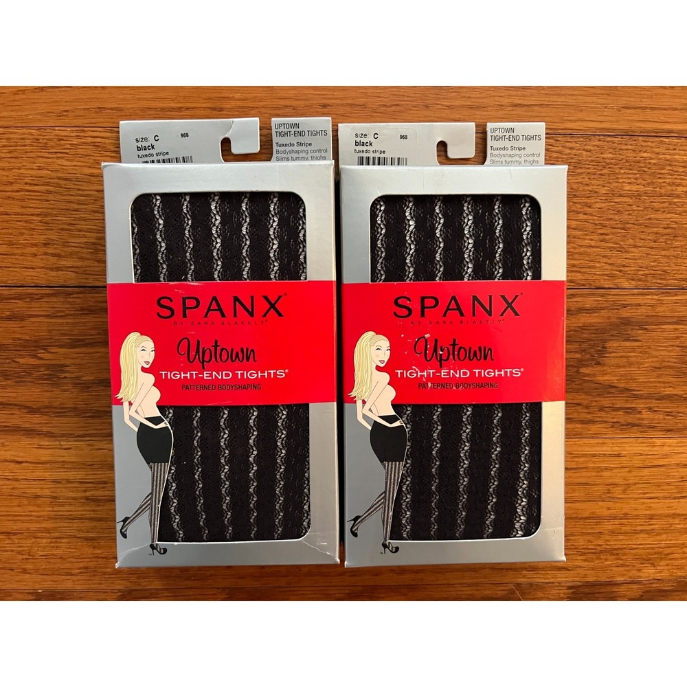 SPANX Uptown Tight-End Tights Tuxedo Stripe Black Lace BodyShaping Size C 2 Pack